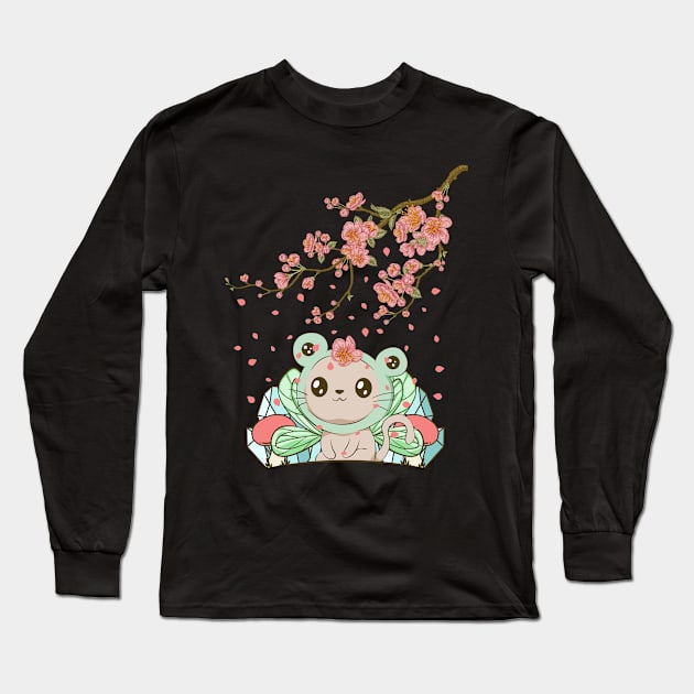 Fairycore Aesthetic Fairy Cat Frog Cherry Blossom Long Sleeve T-Shirt by Alex21